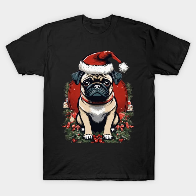 a pug in christmas hat T-Shirt by Polysh08